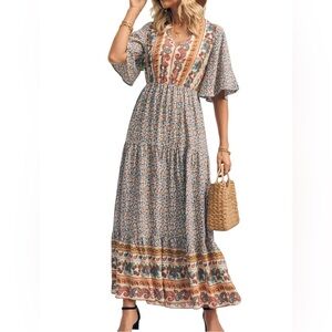 Pretty Garden Dress Boho Floral Paisley Maxi Cottage Core V Neck Peasant Sz M